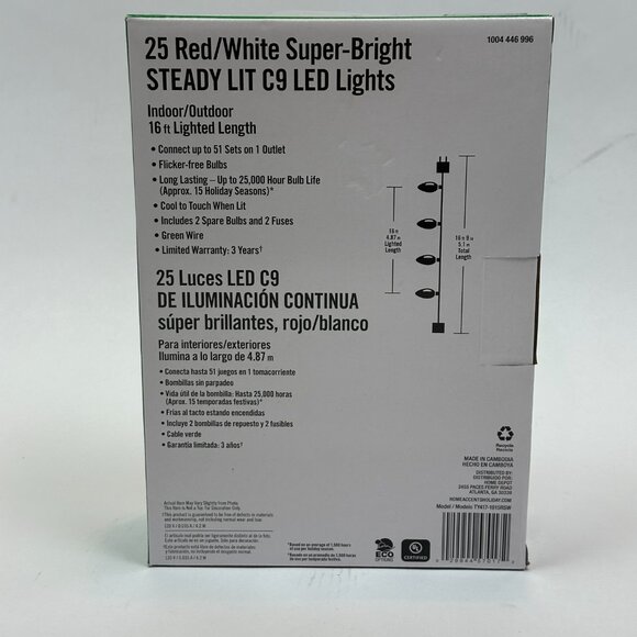 Home Accents C9 LED Lights 25ct Red/White 16ft Indoor/Outdoor NIB 1004446996 - Picture 3 of 6